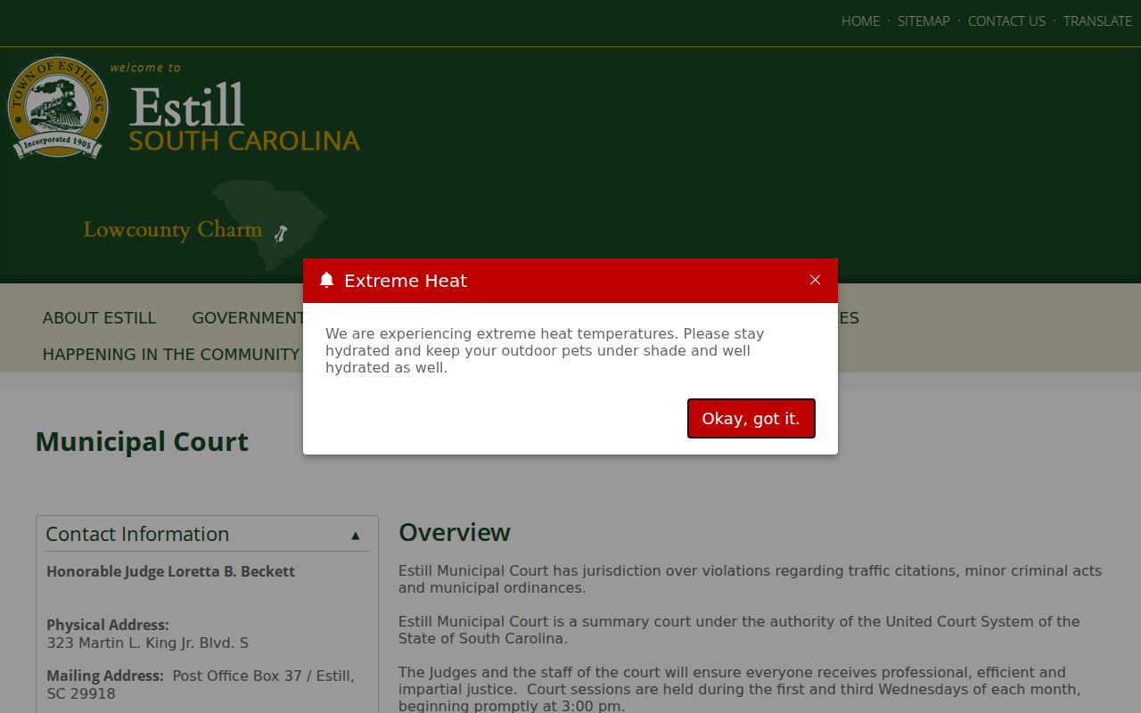 Estill criminal records information from Municipal Court in Hampton County