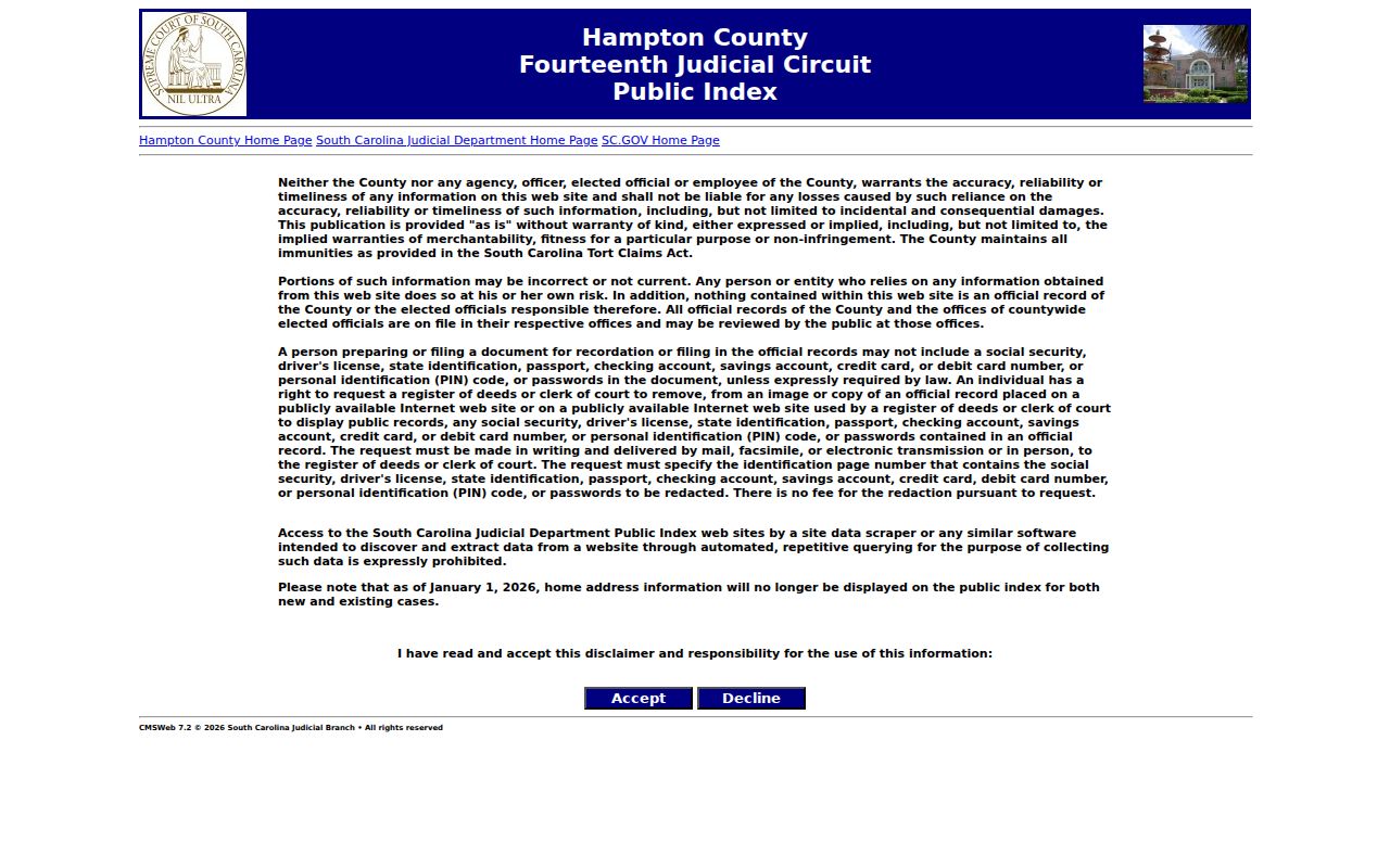 Hampton County criminal court record Public Index search