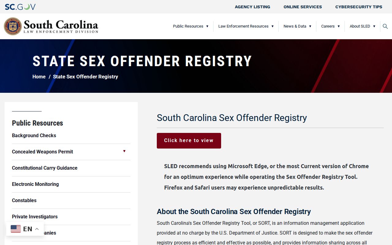 Hampton County sex offender search entry screen on South Carolina SORT
